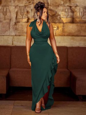 Women’s Halter Swing Collar Backless Ruffle Dress