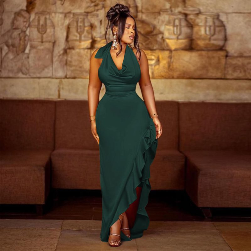 Women’s Halter Swing Collar Backless Ruffle Dress