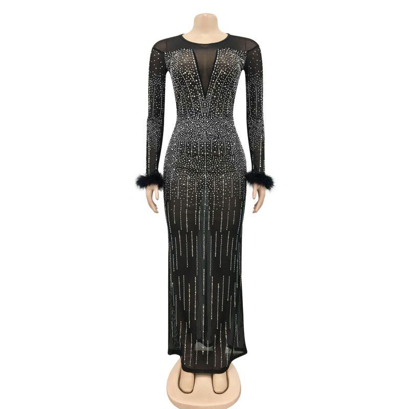 Nightclub Rhinestone Mesh Long Sleeve Women Dress - Image 2