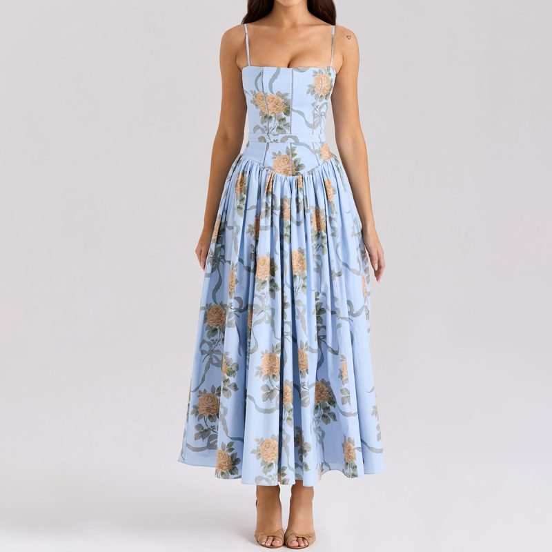Summer Printed Slip Maxi Dress Backless Slim Fit - Image 3