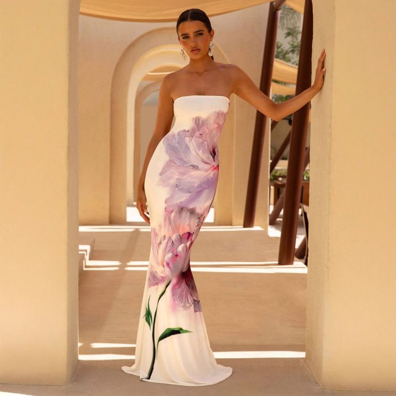 Elegant Bandeau Slim Fit Long Summer Holiday Dress