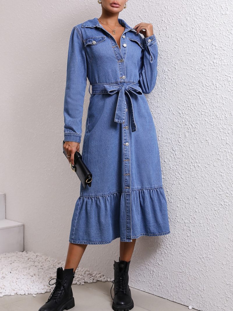 Women’s Waist Slimming Vintage Denim Shirt Dress - Image 2