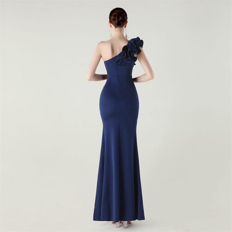 Women’s One Shoulder Satin High Slit Evening Dress - Image 4