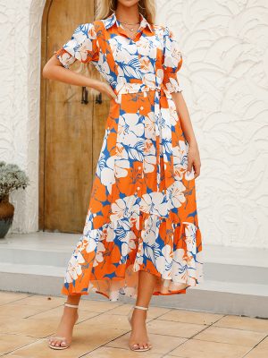 Summer Printed Polo Collar Lace-Up Waist Dress