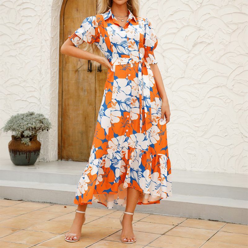 Summer Printed Polo Collar Lace-Up Waist Dress