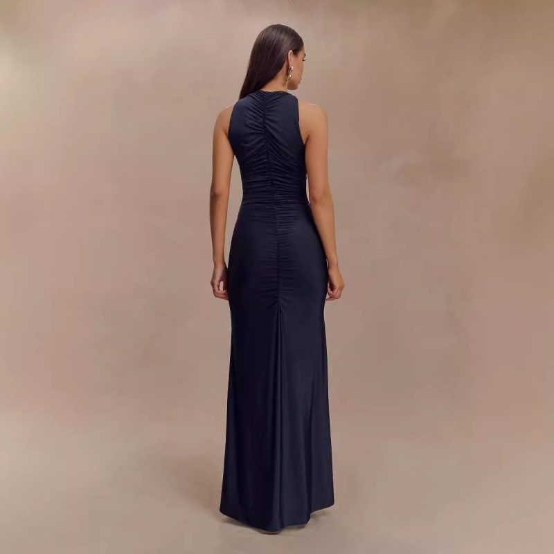 Autumn Winter Sleeveless Pleated Solid Maxi Dress - Image 3