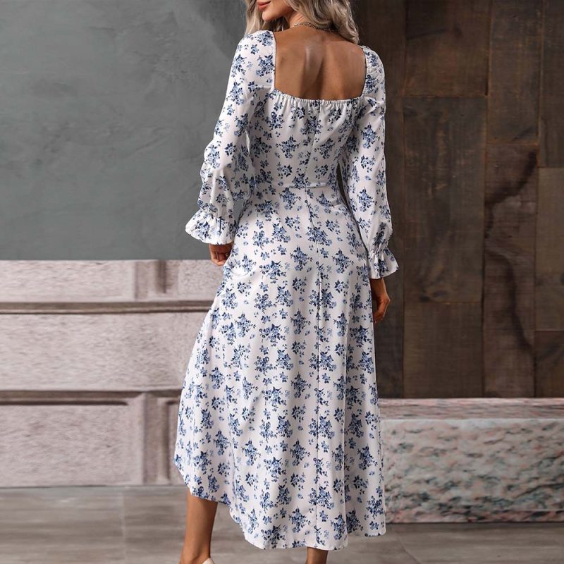 Autumn Winter Square Neck Floral High Waist Dress - Image 2