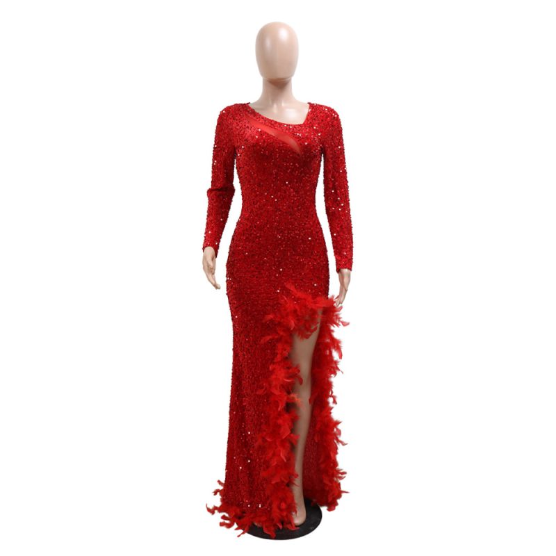 Women’s Round Neck Feather Sequin Sheath Dress - Image 4