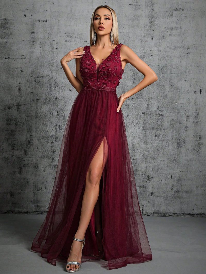 Chiffon Double V-Neck Sleeveless A-Line Sequin Dress - Image 4