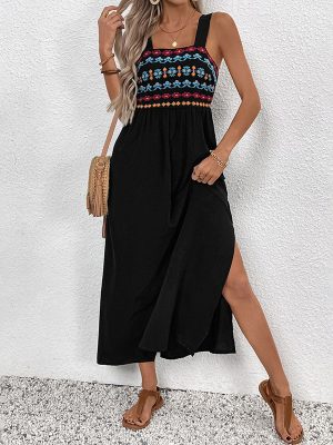 Summer Spaghetti Strap Maxi Dress with Ethnic Embroidery