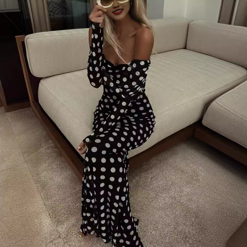 Spring Summer Off Shoulder Polka Dot Dress - Image 2