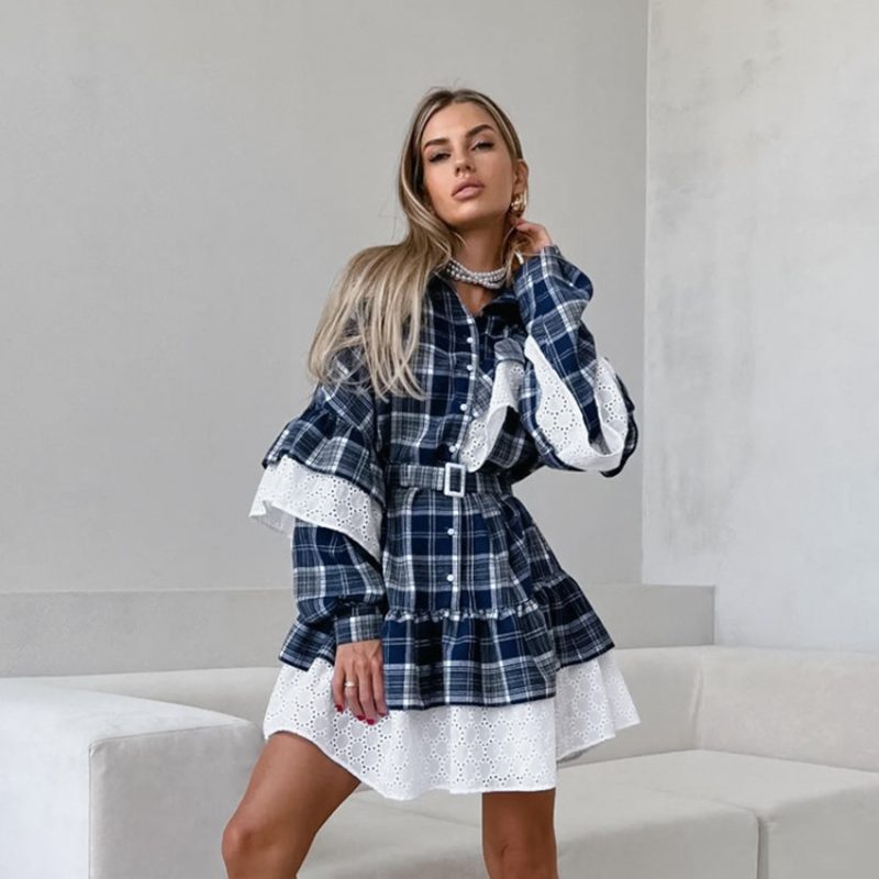 Retro Plaid Ruffled Asymmetric Short Dress