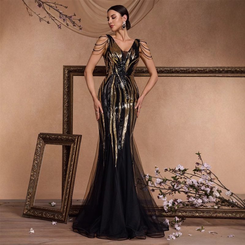 Women’s Sequin Beaded Fishtail Evening Dress - Image 3