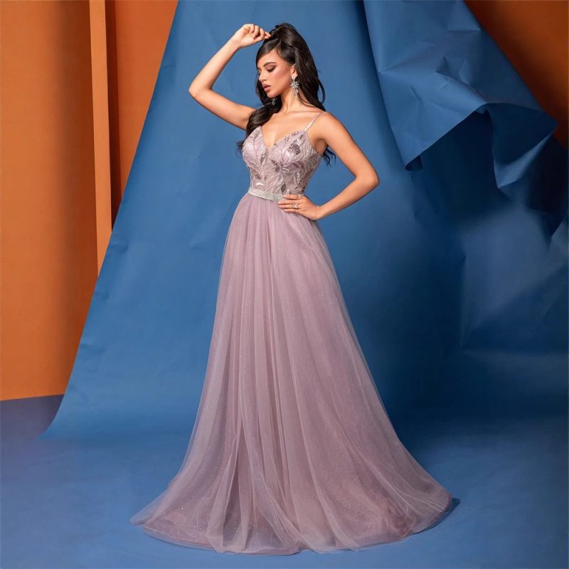 Women’s Pink Sequin V-Neck Bridesmaid Dress - Image 3
