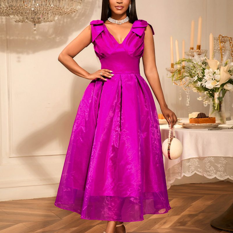 Elegant V-Neck Bow Slim Party Dress - Image 4