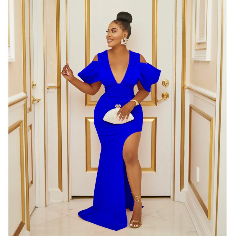 Solid Color V-Neck Pleated Split Maxi Dress - Image 3