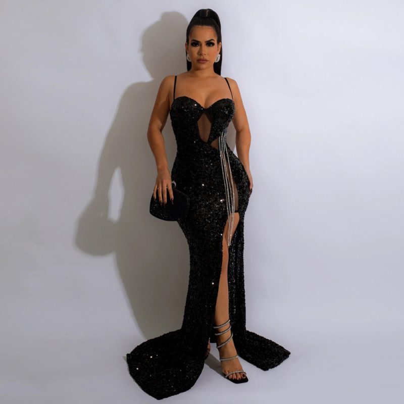 Women’s Spaghetti Strap Sleeveless Sequin Split Dress - Image 3