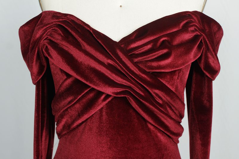 Off-Shoulder Velvet Long Sleeve Evening Gown - Image 4