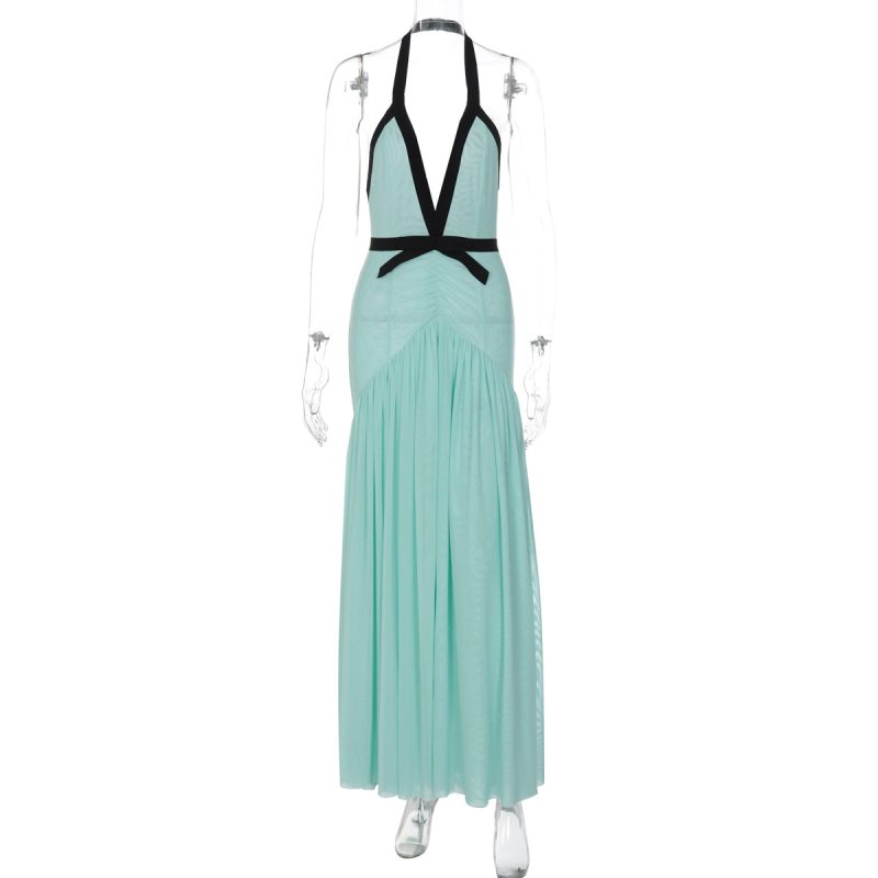 Elegant Deep V Halter Mesh Cutout Evening Dress - Image 3