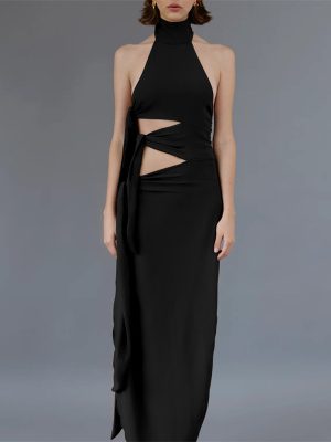 Cutout Backless Halter Slit Strap Dress