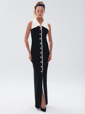 Elegant Color Block Collared Sleeveless Summer Dress