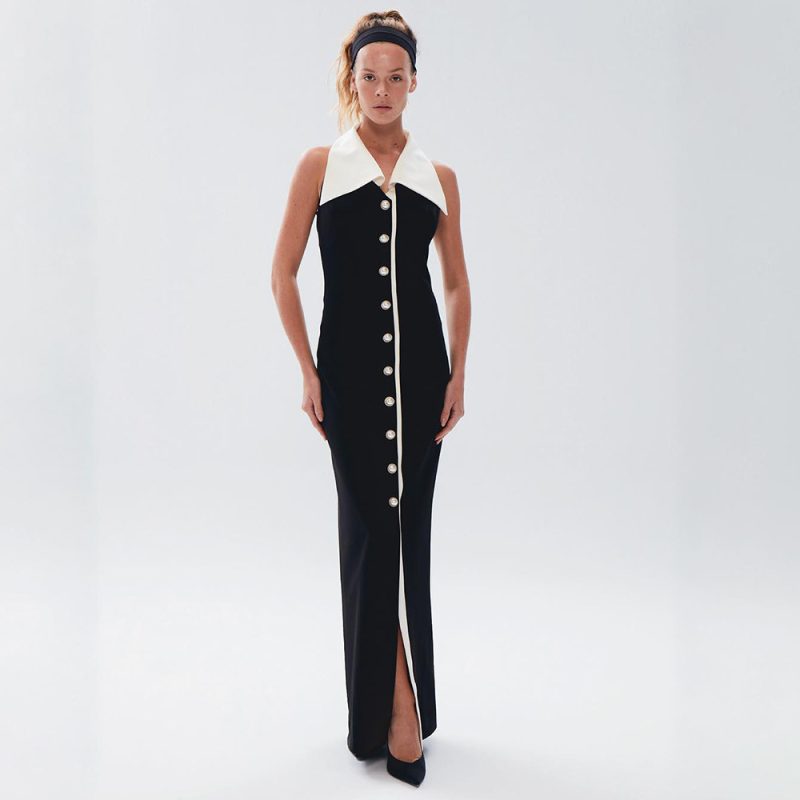 Elegant Color Block Collared Sleeveless Summer Dress