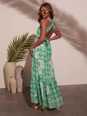 Summer Office Sleeveless Printed Long Sling Dress