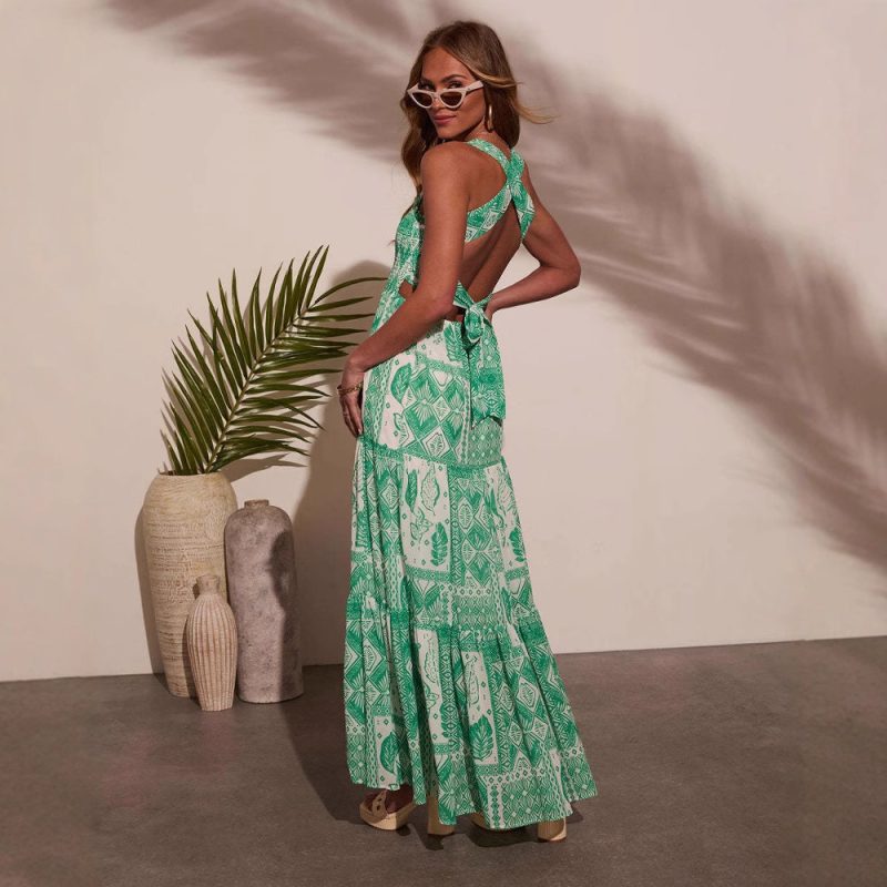 Summer Office Sleeveless Printed Long Sling Dress
