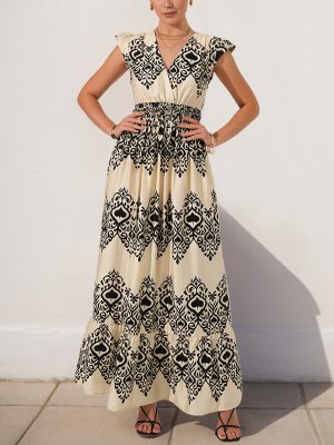 Holiday Printed V-Neck High Waist Long Dress