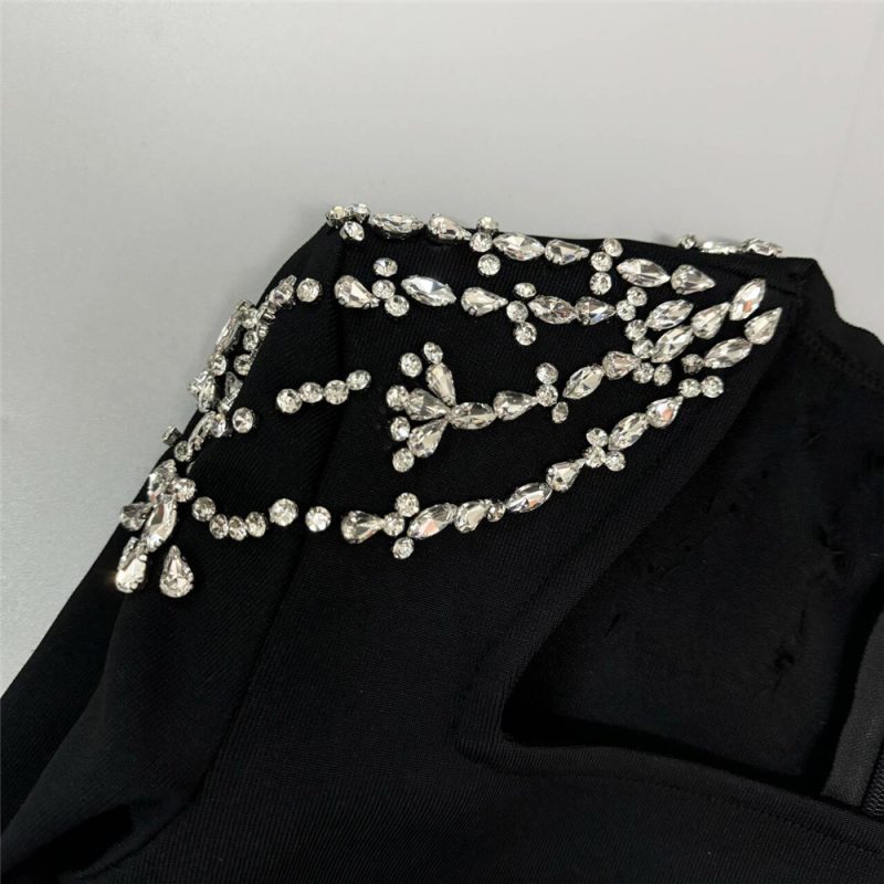 Elegant Square Neck Diamond Long Sleeve Bandage Dress - Image 4