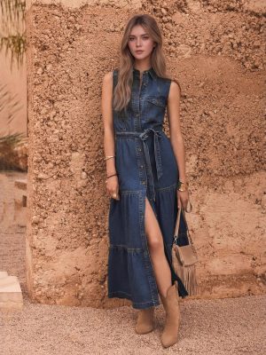 Chic Blue Sleeveless Denim Maxi Dress Women