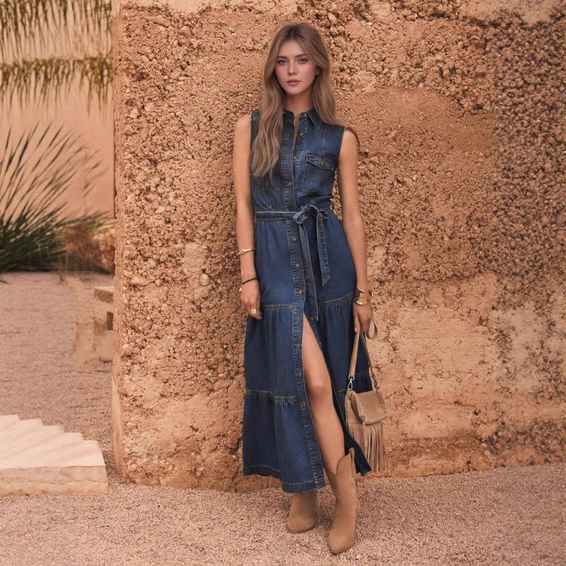 Chic Blue Sleeveless Denim Maxi Dress Women