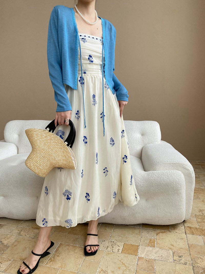 Women’s Vacation Floral Embroidery Pleated Spaghetti Dress - Image 2