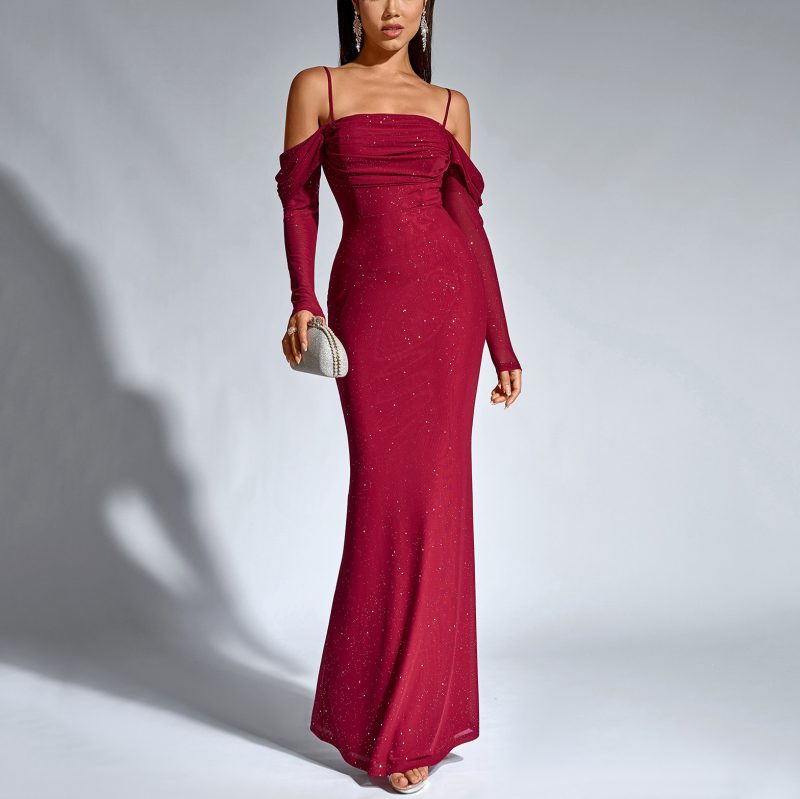 Women’s Mesh Silver Stripe Backless Fishtail Dress - Image 2