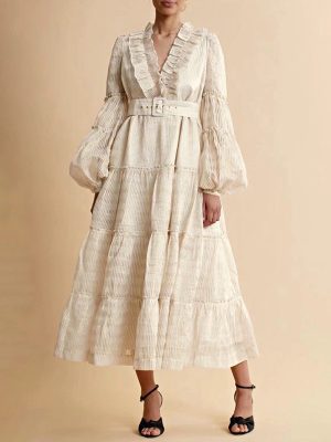 French Retro V-Neck Belted Wide Hem Dress