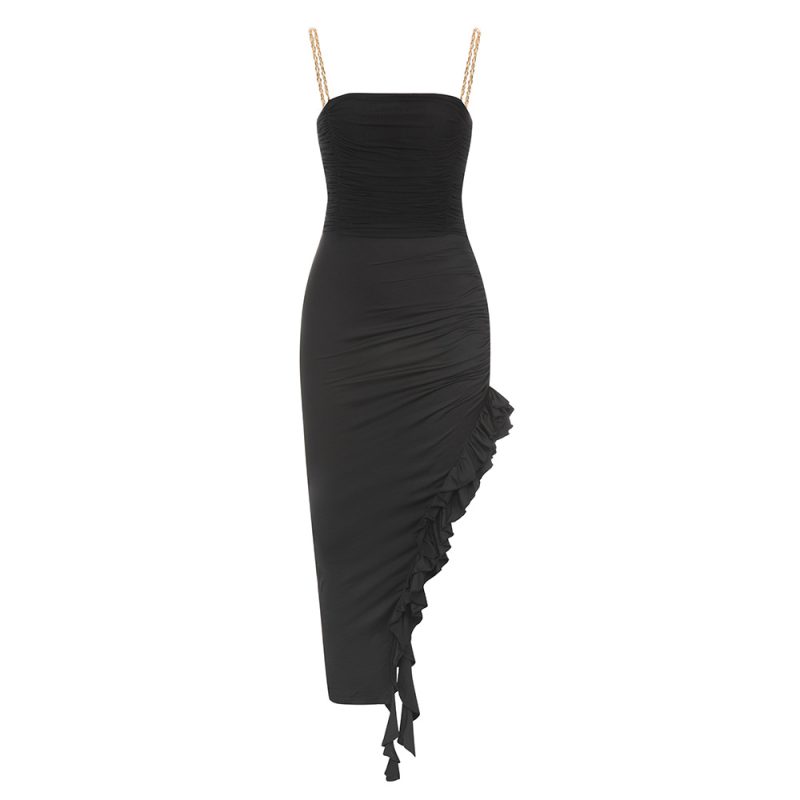 Women’s Black Mesh Ruffled Pleated Chain Strap Dress - Image 3