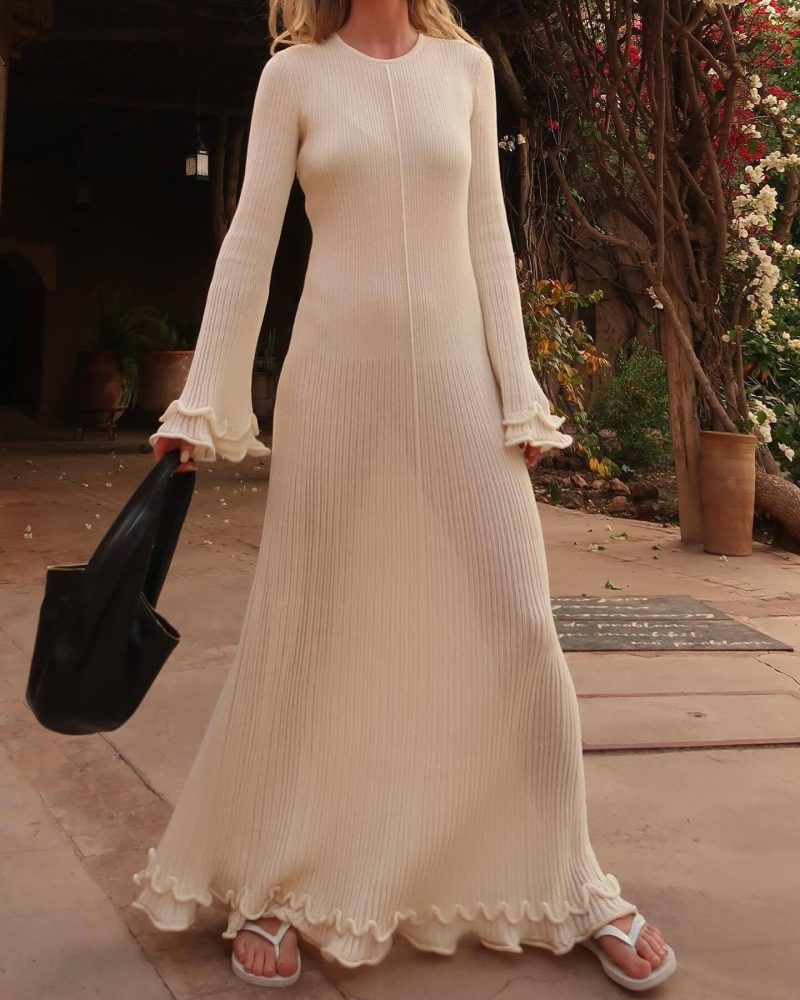 Pleated Wavy Side Backless Lace-Up Long Sleeve Dress - Image 3