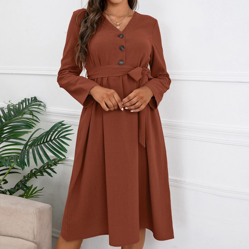 Spring Autumn Bow Waist Slim V-Neck Long Sleeve Dress - Image 2