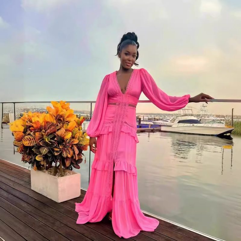 Autumn Winter V-Neck Long Sleeve Stitching Dress - Image 2