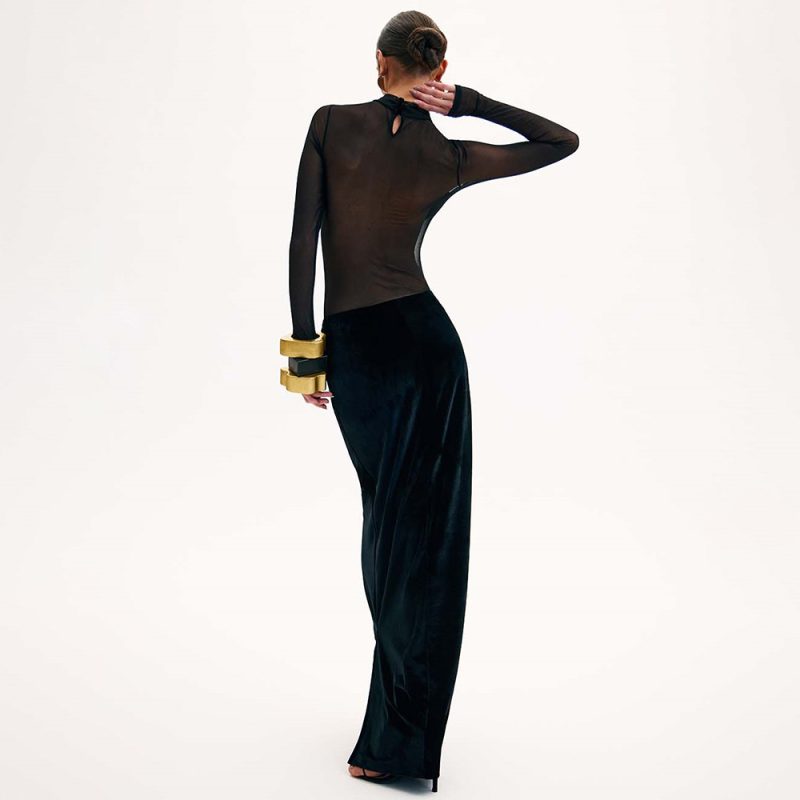 Women’s Black Mesh Velvet Long Sleeve Bodycon Dress - Image 2