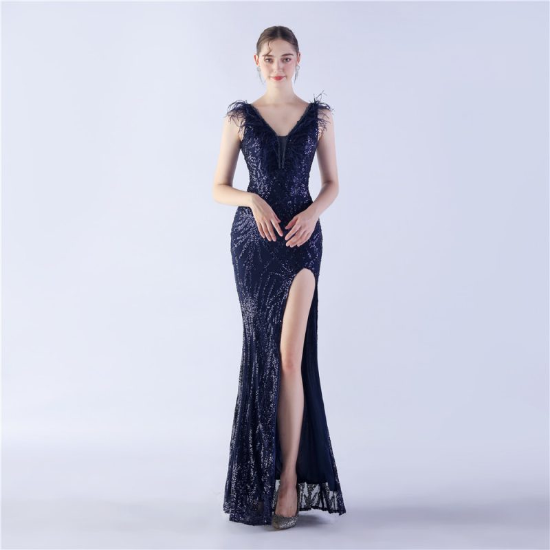 Women’s Ostrich Feather Beaded Side Slit Evening Dress - Image 4
