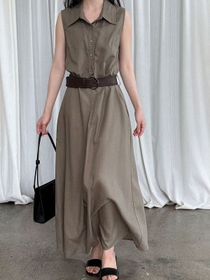 Cotton Linen Belted Sleeveless Summer Dress