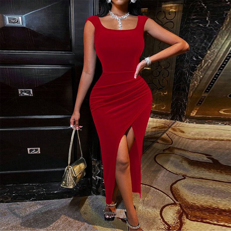 Velvet Elegant Square Collar Backless Sheath Dress - Image 3