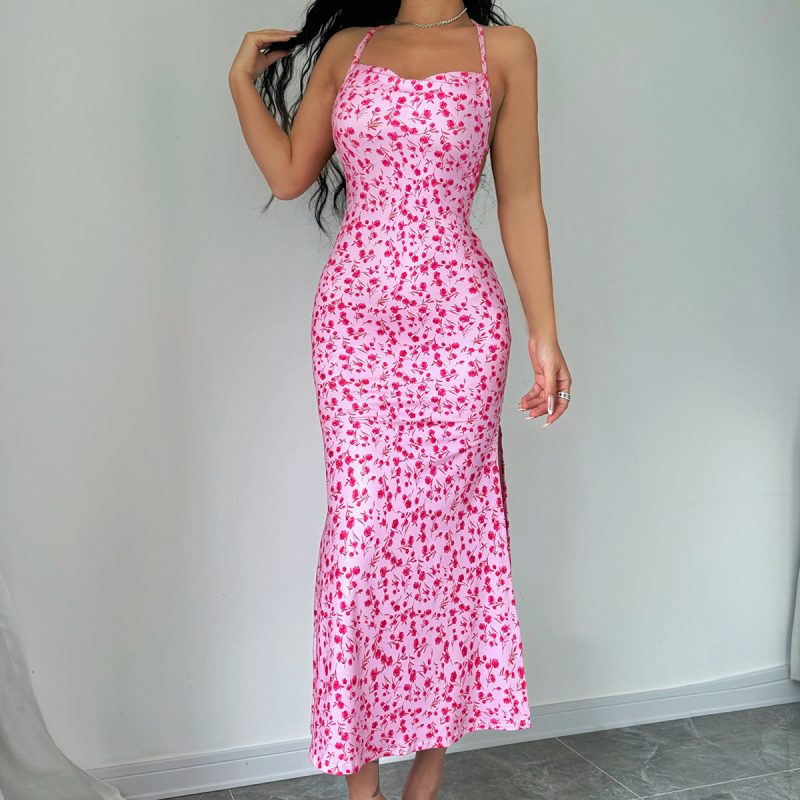 Floral Halter Backless Sleeveless Split Midi Dress