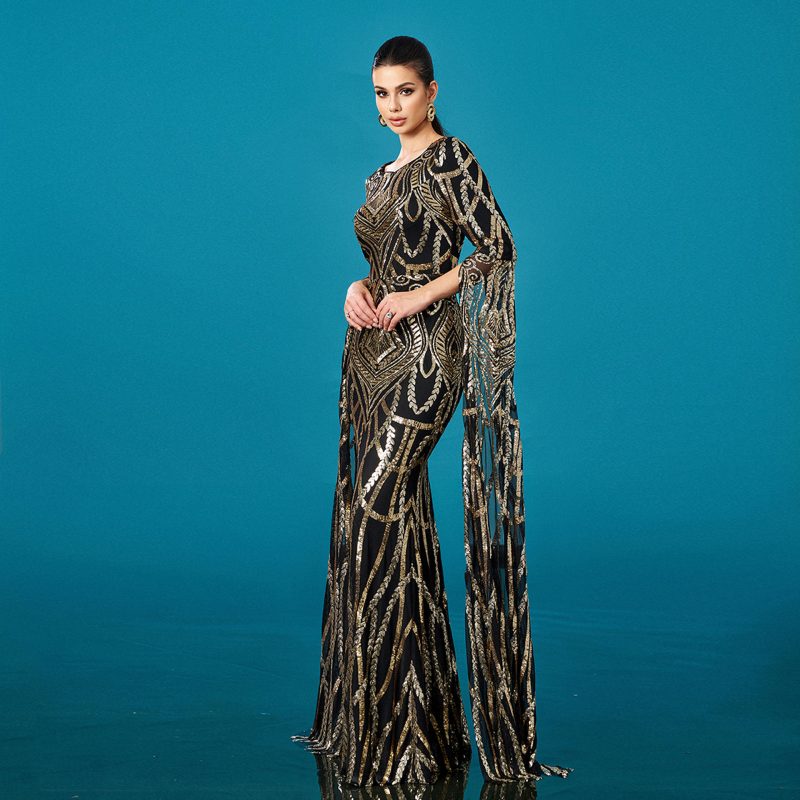 Women’s Long Sleeve Sequin Round Neck Fishtail Dress - Image 3