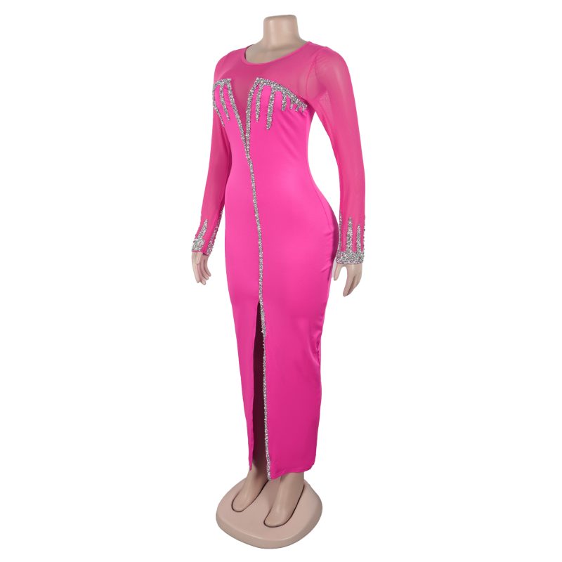 Sheer Patchwork Slit Dress with Rhinestone Detailing - Image 3