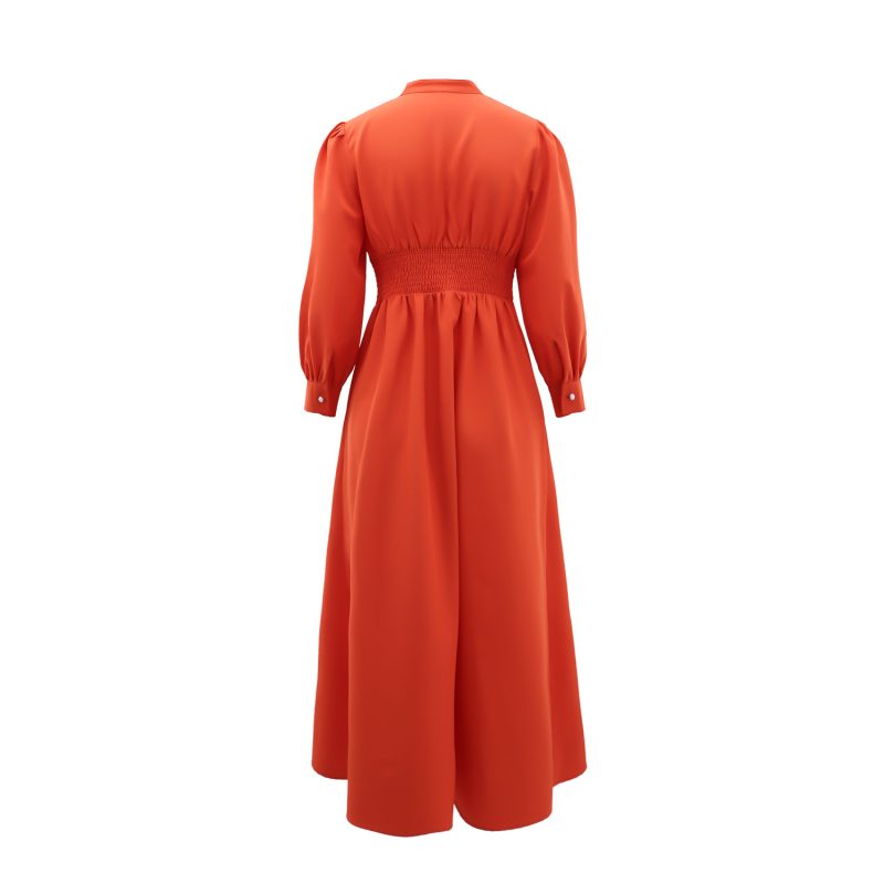 Solid Color V-Neck Button A-Line Dress - Image 2
