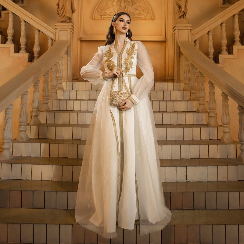 Women’s Embroidered Mesh V-Neck Long Sleeve Evening Dress - Image 2