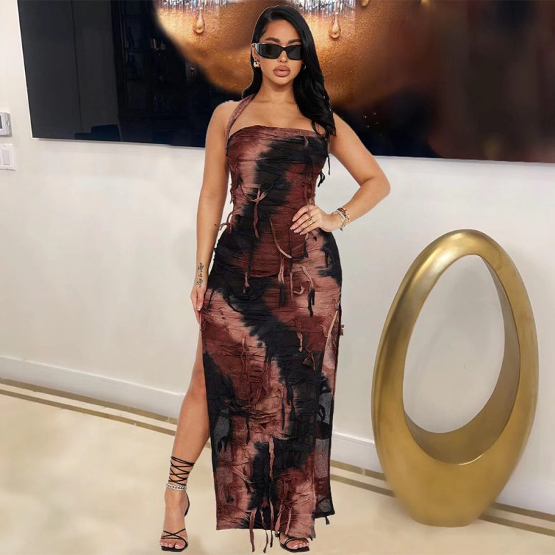 Trendy Autumn Tassel Split Tie-Dye Maxi Dress