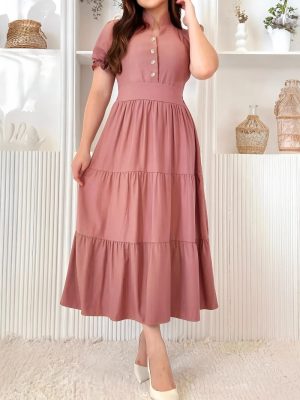 Solid Color V-Neck Button A-Line Dress